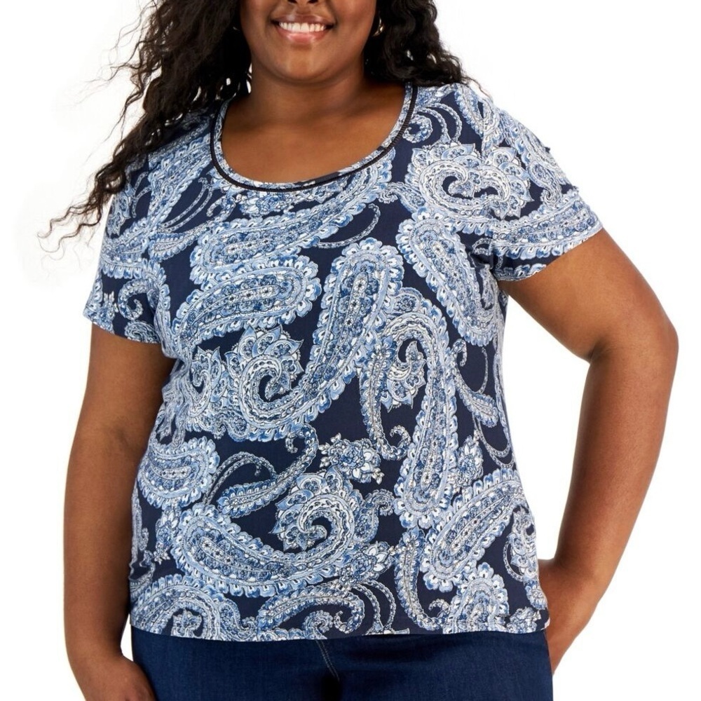 Tommy Hilfiger Blue Paisley Scoop Neck Ladder Trim Stretch Top Plus Size 2X